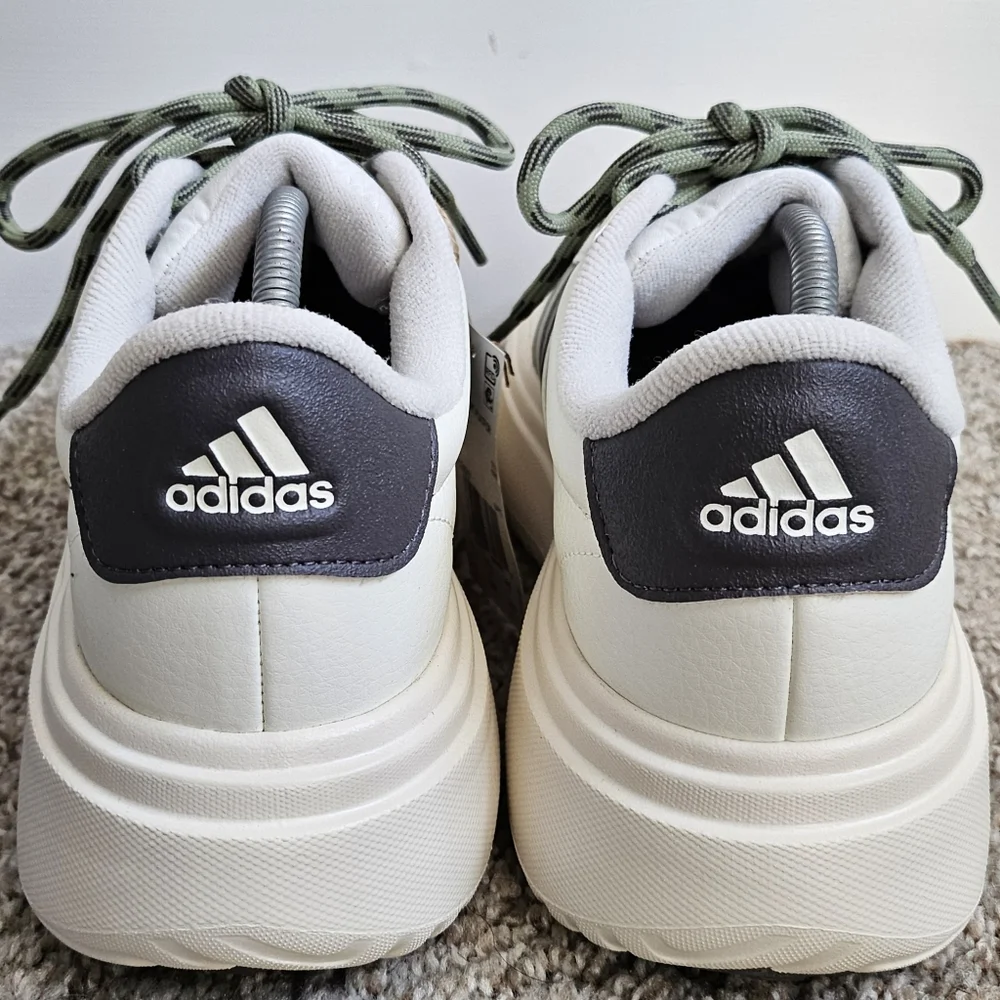 adidas Women's Cream Sneakers with Gray Stripes and Olive Laces